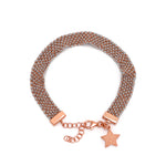 A rose gold and grey silk weaved charm bracelet with a rose gold charm at the end, featuring a chain-link design.