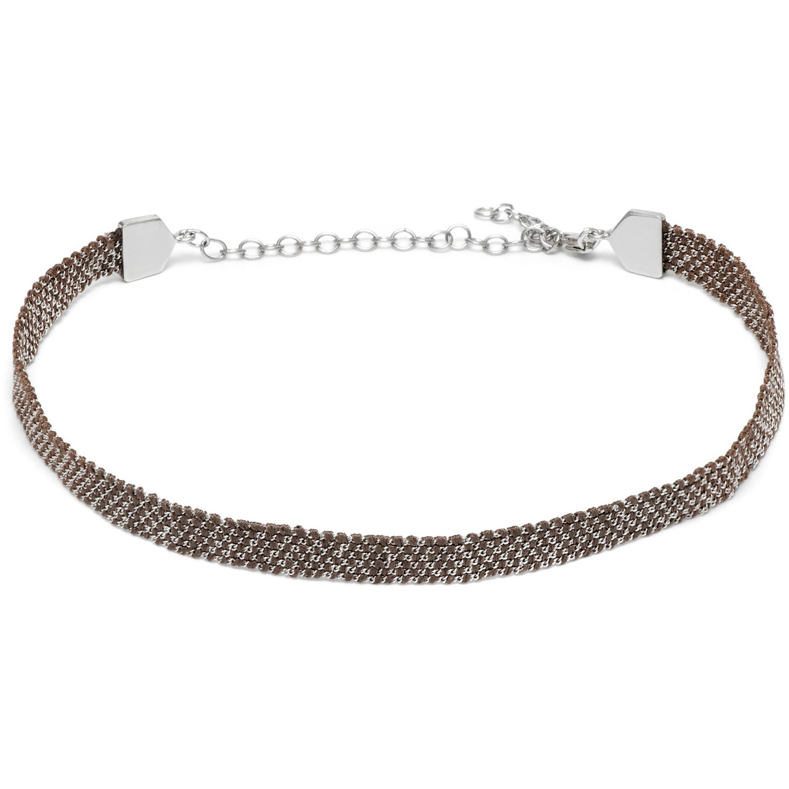 A brown and silver Panama weaved choker necklace with an adjustable chain.