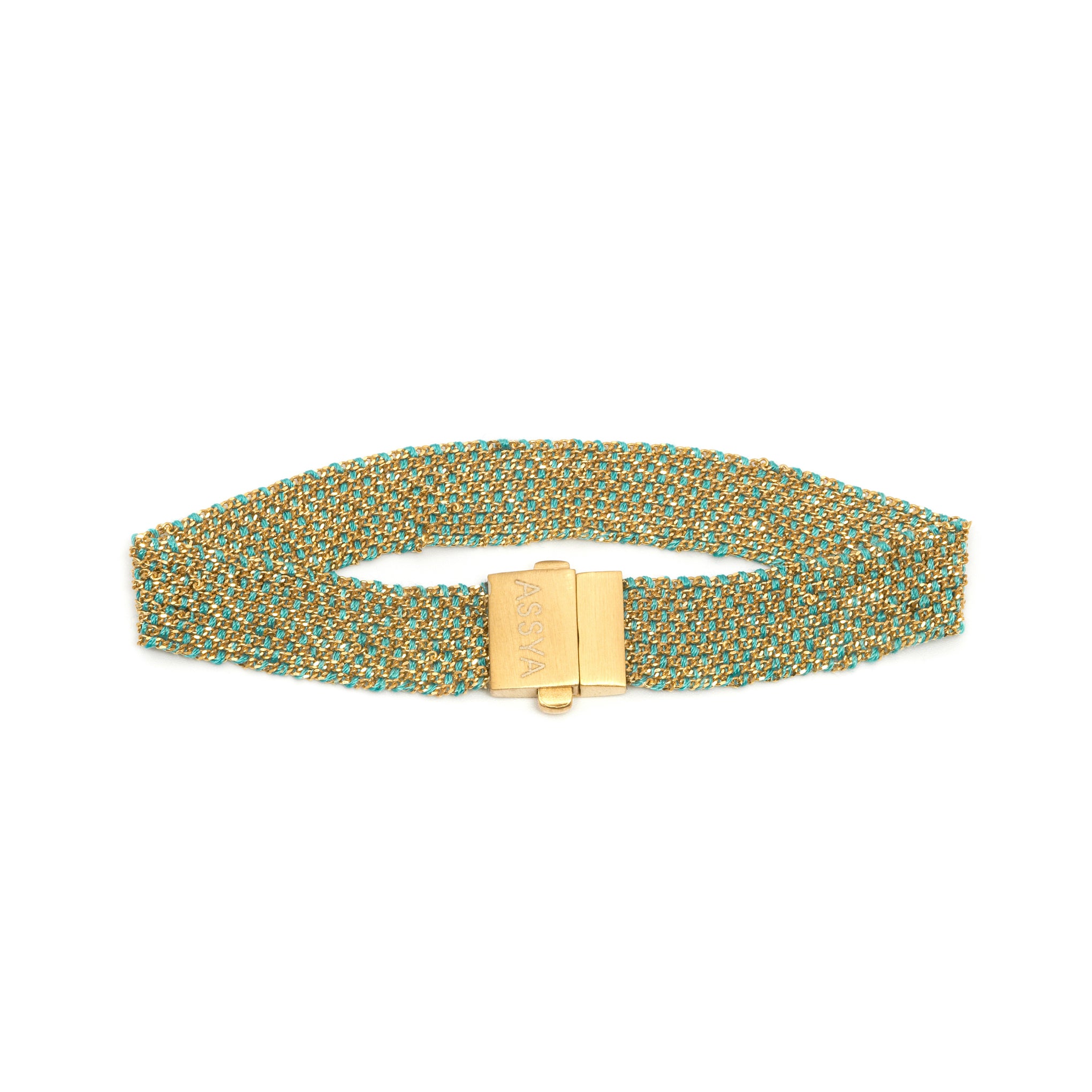 A 18ct gold vermeil and turquoise silk weaved bracelet with a gold clasp,
