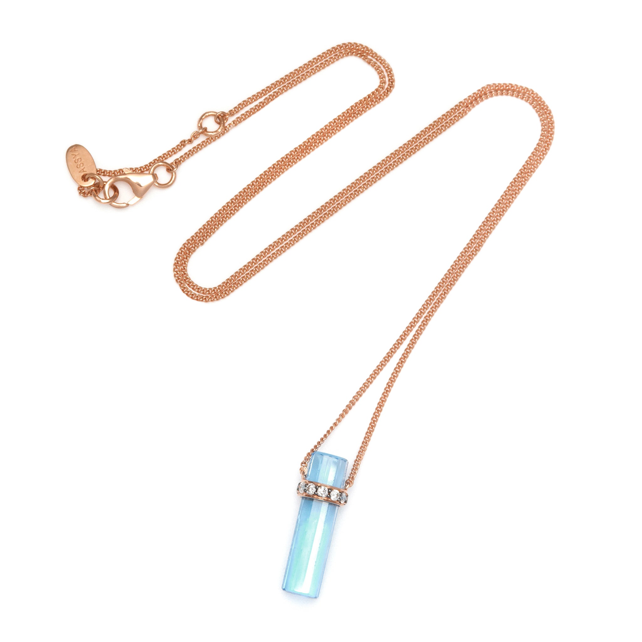 18ct gold plated vermeil with blue topaz crystal and whit diamond pendant.