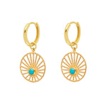 A pair of gold-colored hoop earrings with a turquoise sun motif design, featuring a ribbed detail and a gold-plated vermeil sterling silver finish.