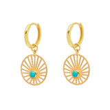 A pair of gold-colored hoop earrings with a turquoise sun motif design, featuring a ribbed detail and a gold-plated vermeil sterling silver finish.