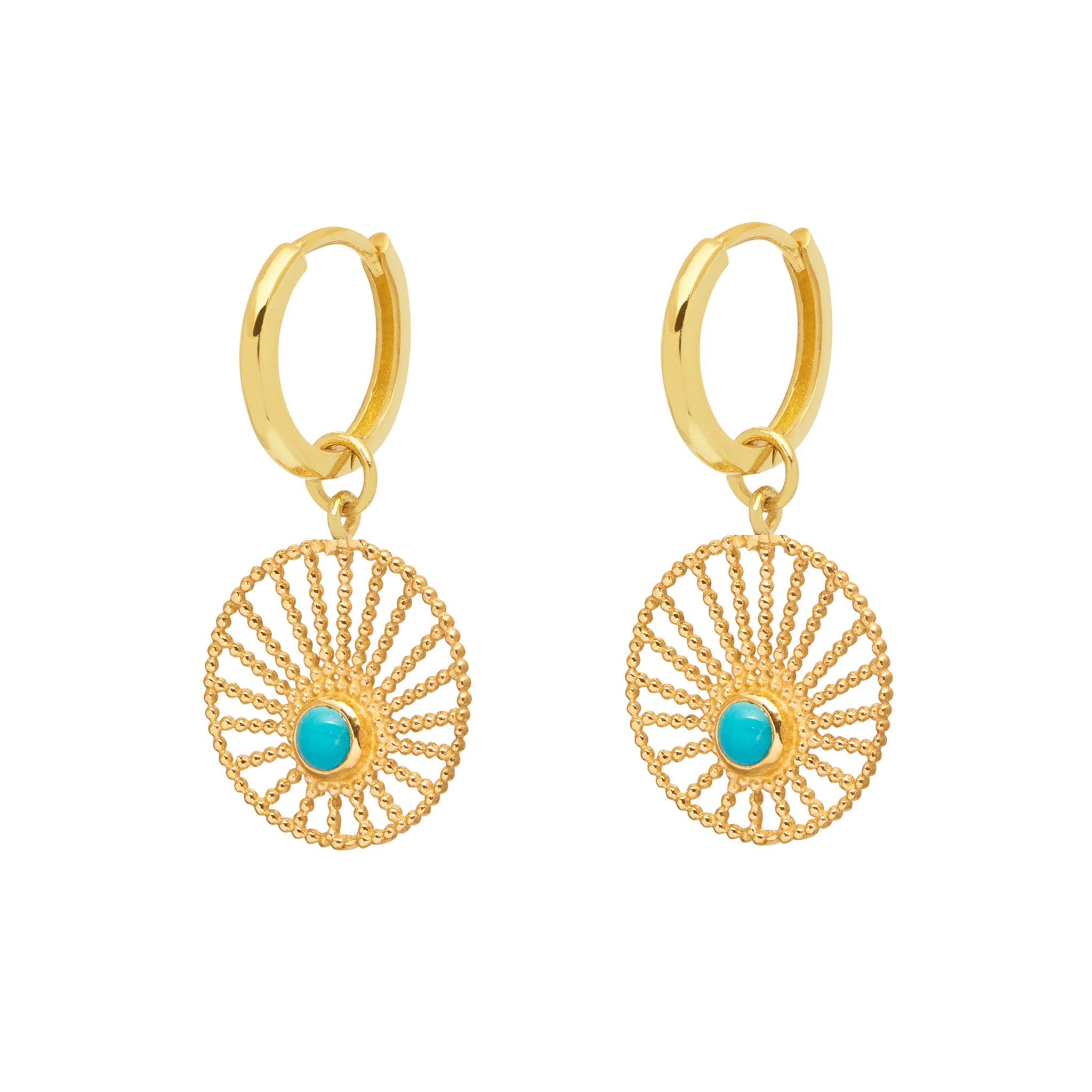 A pair of gold-colored hoop earrings with a turquoise sun motif design, featuring a ribbed detail and a gold-plated vermeil sterling silver finish.