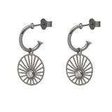 A pair of black rhodium-plated sterling silver hoop earrings with a central white zircon stone, part of the 'Sunlight' collection.