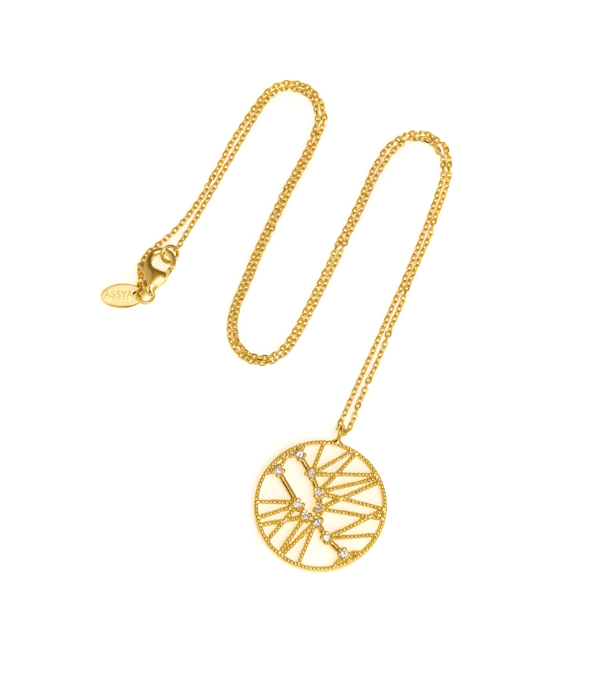 An 18ct gold necklace with a white diamond pendant in the shape of a star sign, known as the constellation for taurus