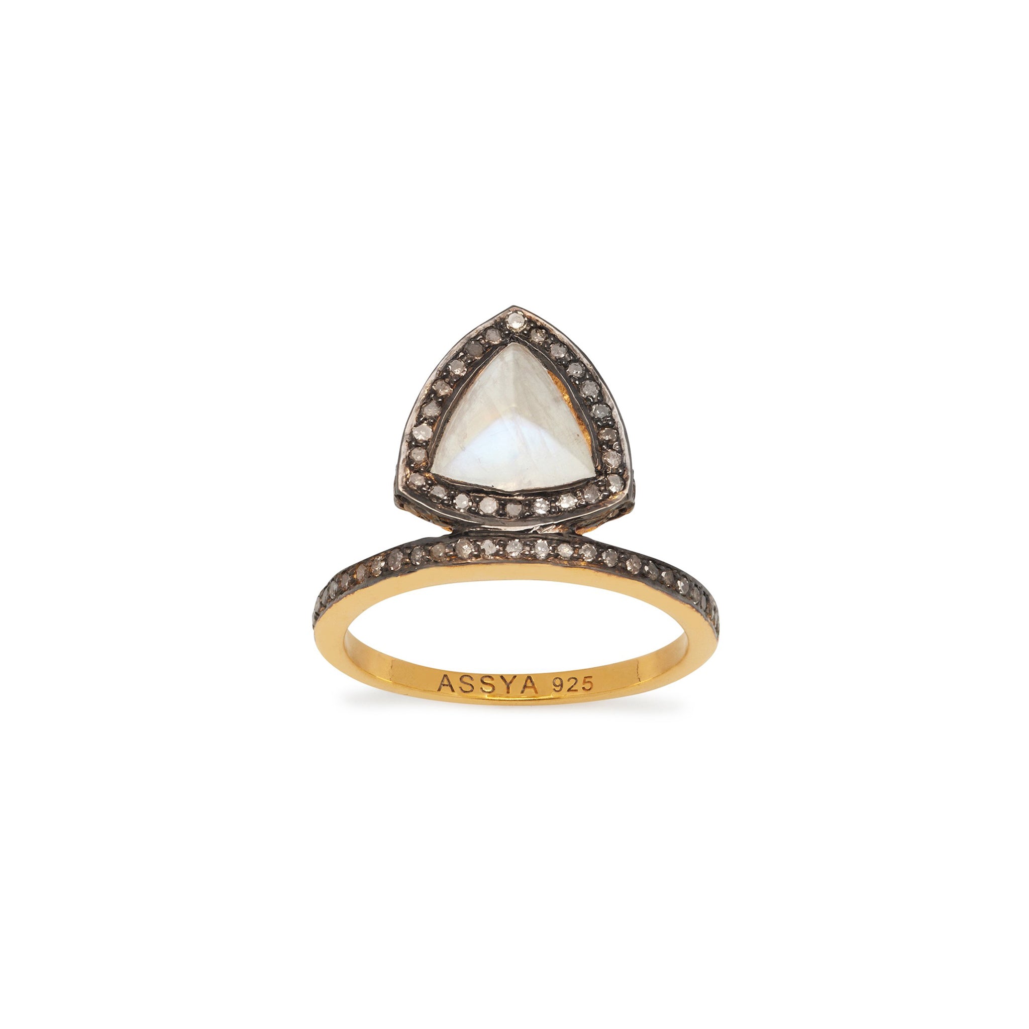 18ct gold plated vermeil ring with pyramid moonstone surrounded by black rhodium setting and grey diamonds