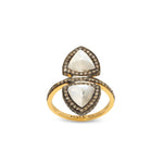 A gold vermeil ring with a rhodium plating, featuring a pyramid shape with moonstone and grey diamond embellishments.