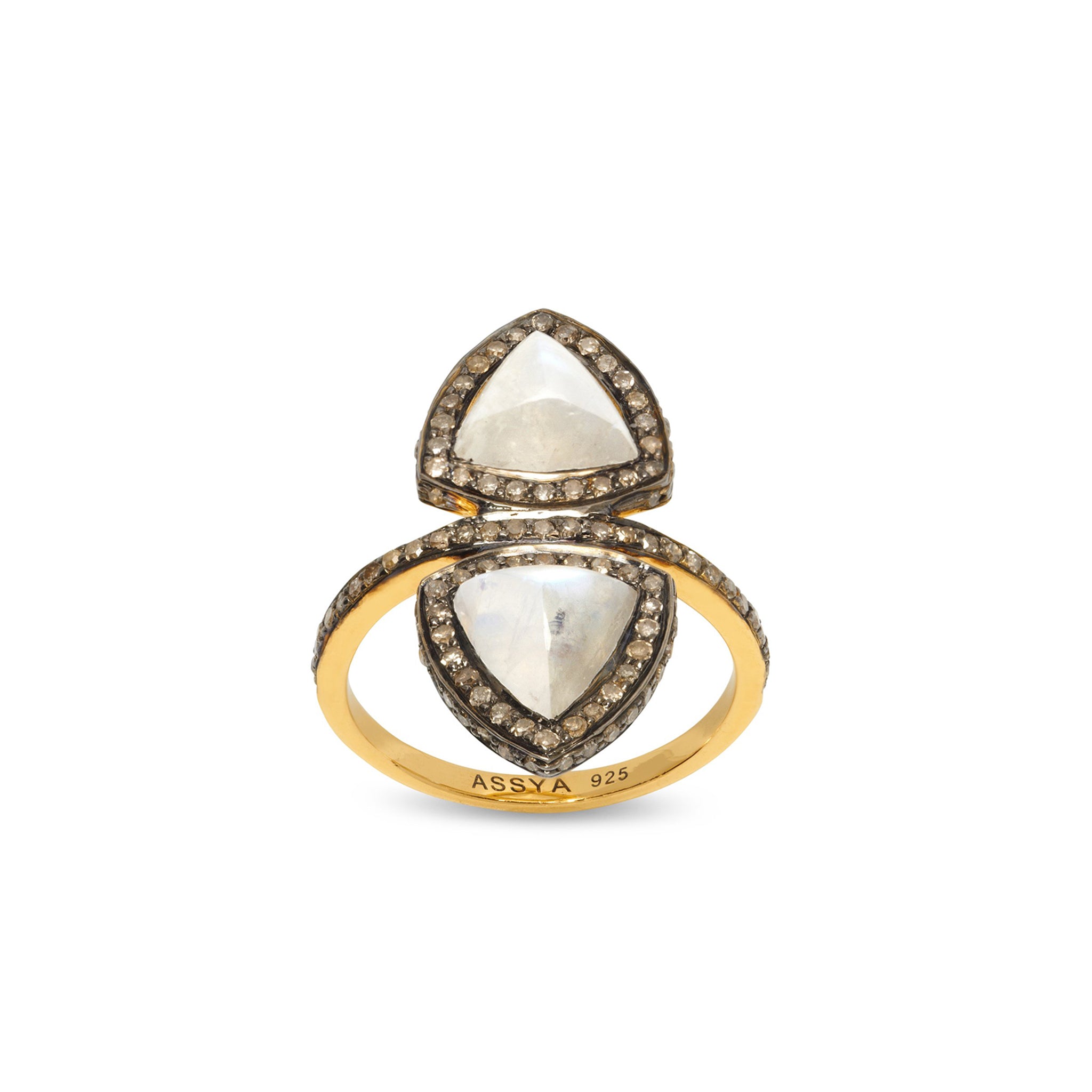 A gold vermeil ring with a rhodium plating, featuring a pyramid shape with moonstone and grey diamond embellishments.