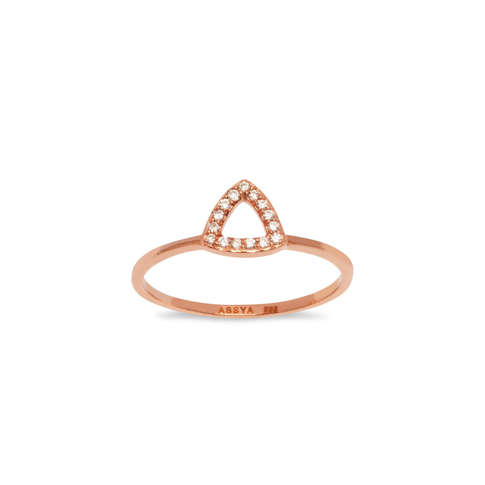 A rose gold and white diamond elements triangle ring with a small textured band.