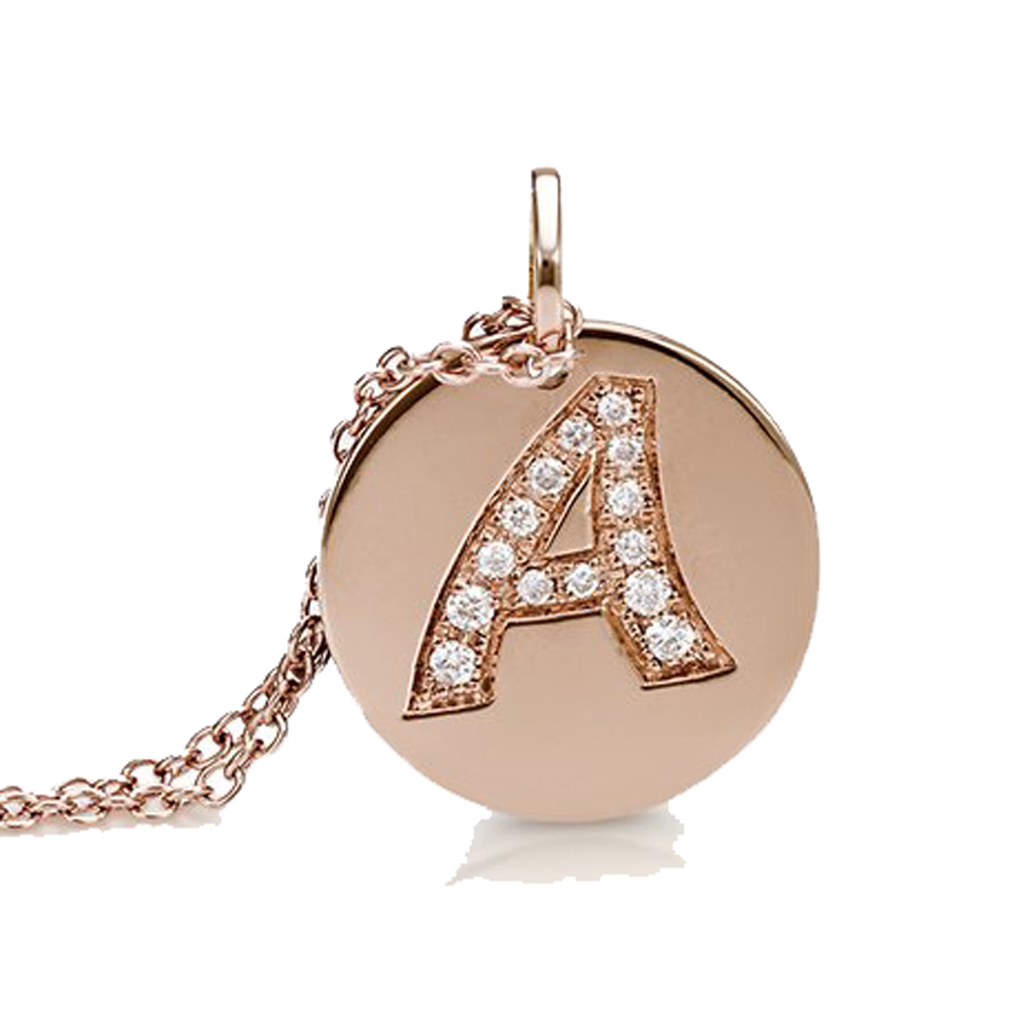 A solid rose gold letter pendant with a chain, the letter is adorned with white diamonds set in a gold disk.