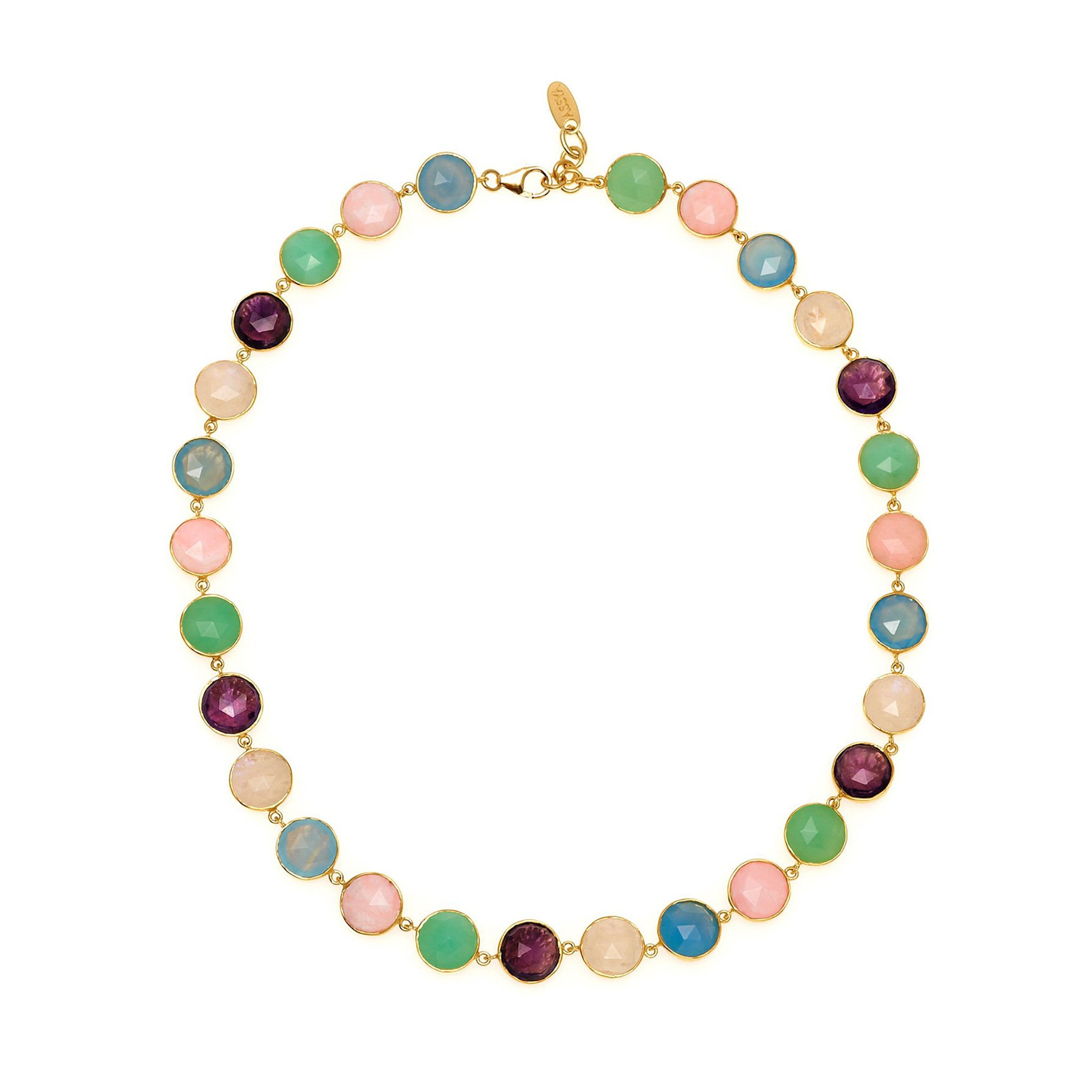 A vintage-inspired necklace with a string of faceted gemstones in various colors including white, blue, pink, green, and purple, backed with a gold vermeil cage design.