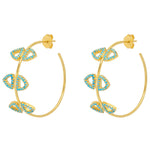 A pair of 18ct gold plated vermeil hoop earrings with turquoise elements, featuring a leaf pattern,