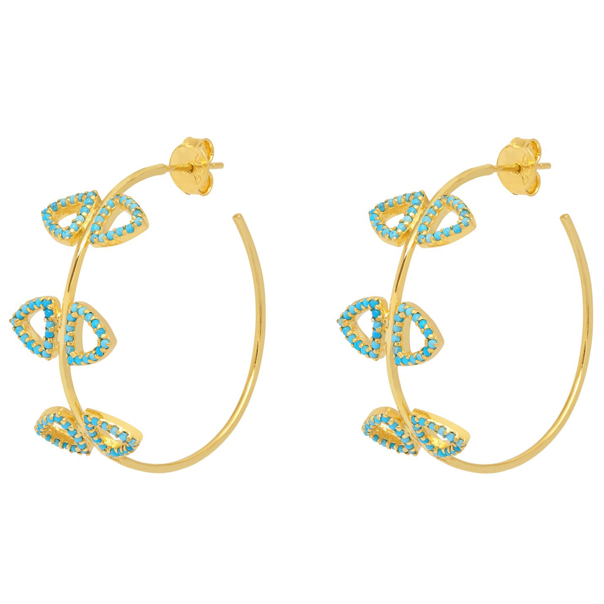 A pair of 18ct gold plated vermeil hoop earrings with turquoise elements, featuring a leaf pattern,
