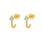 A pair of 18ct plated vermeil gold colored hoop earrings with white zircon embellishments and blue topaz gemstone studs.