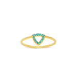 A gold vermeil ring with a turquoise element in the shape of a triangle, set with smaller turquoise stones around the circumference.