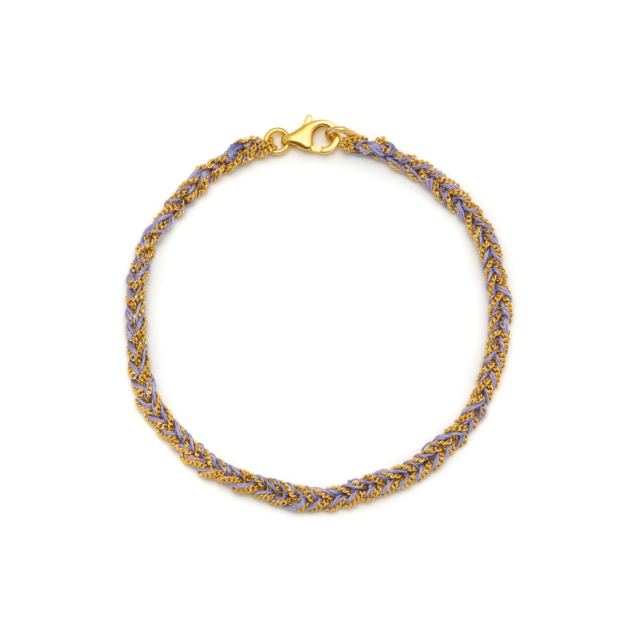 A Gold & Lilac Friendship Bracelet with a gold vermeil chain and purple silk thread,