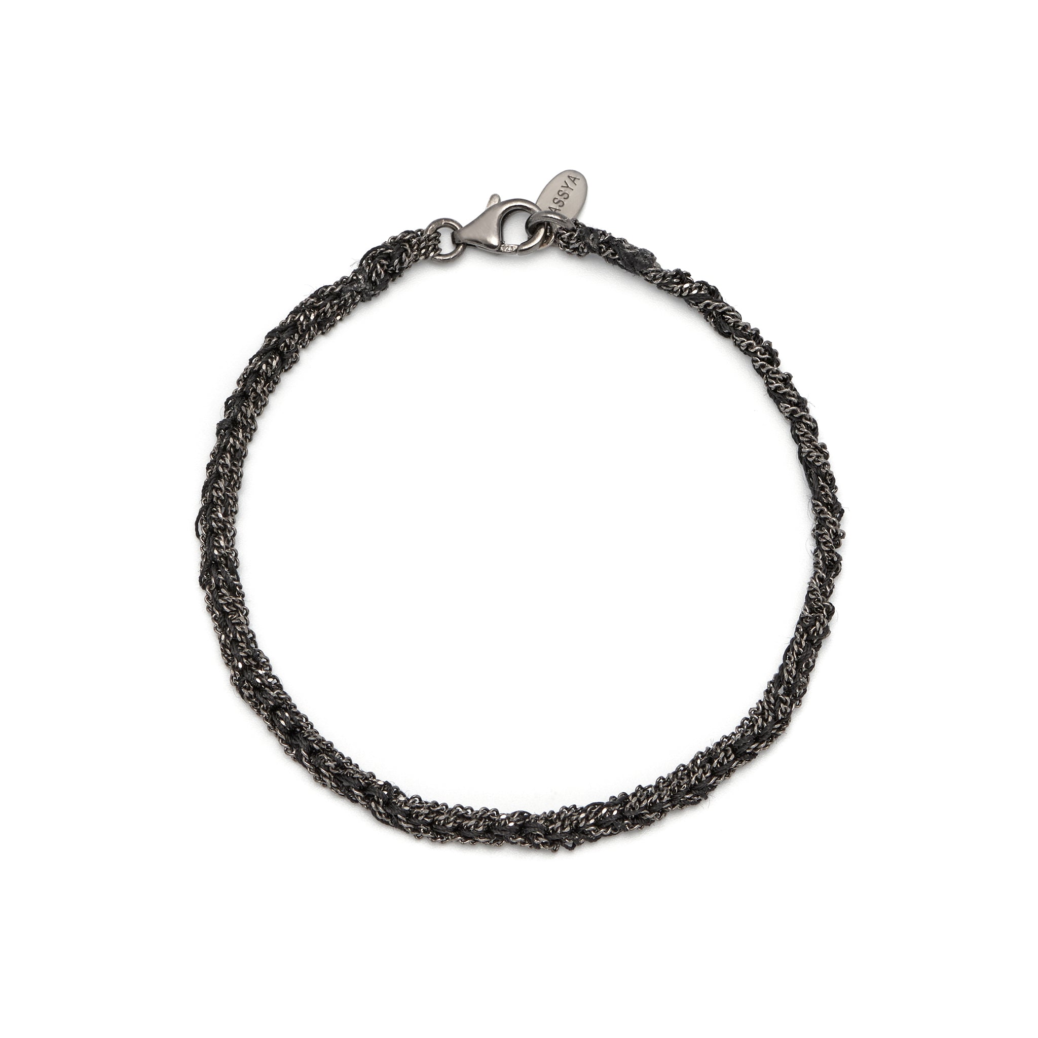 black rhodium plated sterling silver with black silk thread weaved friendship bracelet with lobster clasp