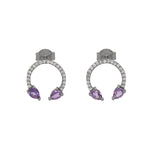 A pair of black rhodium plated sterling silver hoop earrings with purple purple gem stones set within the hoops, featuring a horseshoe design.