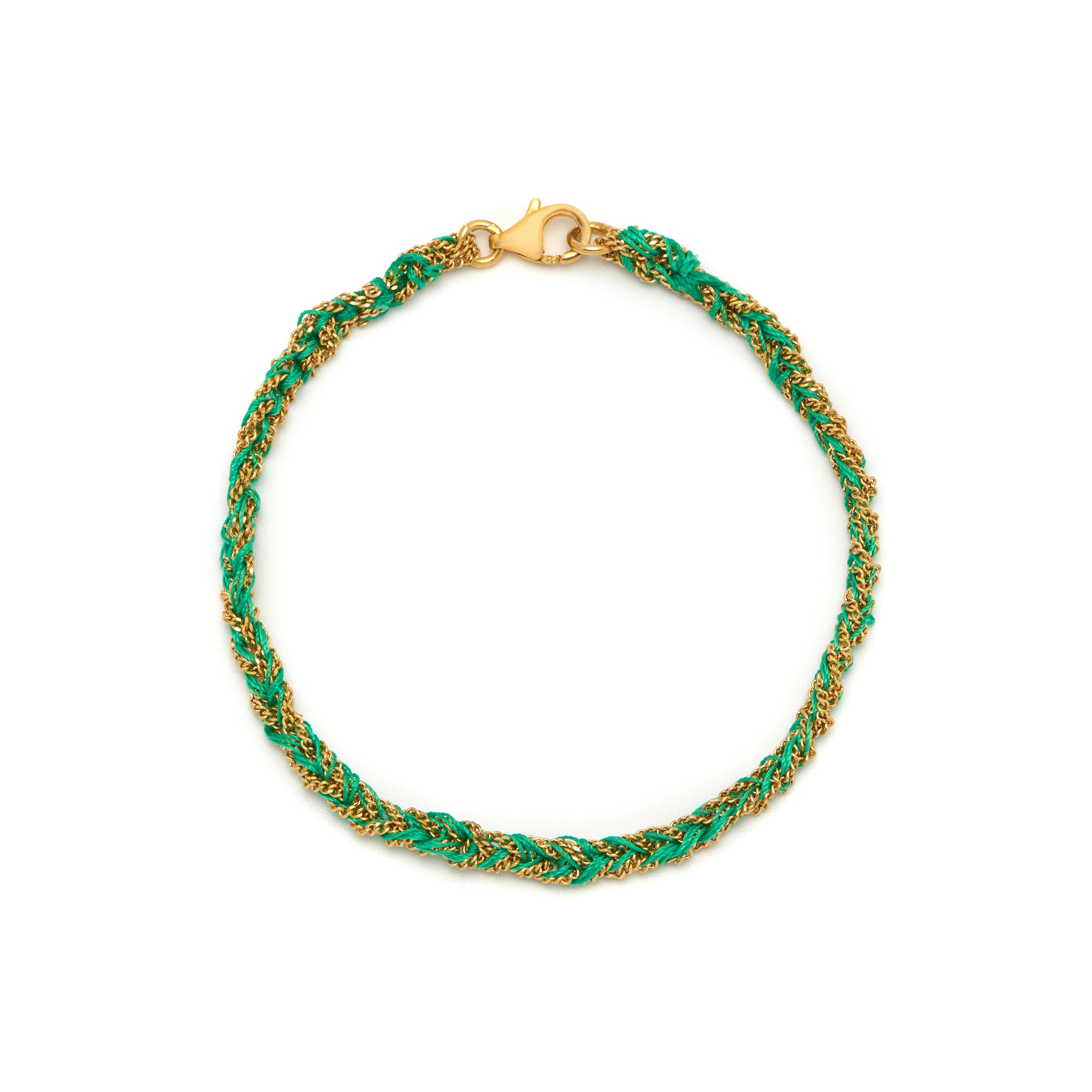 A 18ct gold plated vermeil and green friendship bracelet with a gold vermeil chain and silk thread, closed with a lobster clasp.