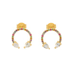 A pair of vermeil gold-plated horseshoe design earrings with a pave of multi-color gemstones, featuring two teardrop-shaped moonstones.