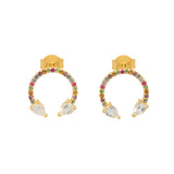 A pair of vermeil gold-plated horseshoe design earrings with a pave of multi-color gemstones, featuring two teardrop-shaped moonstones.
