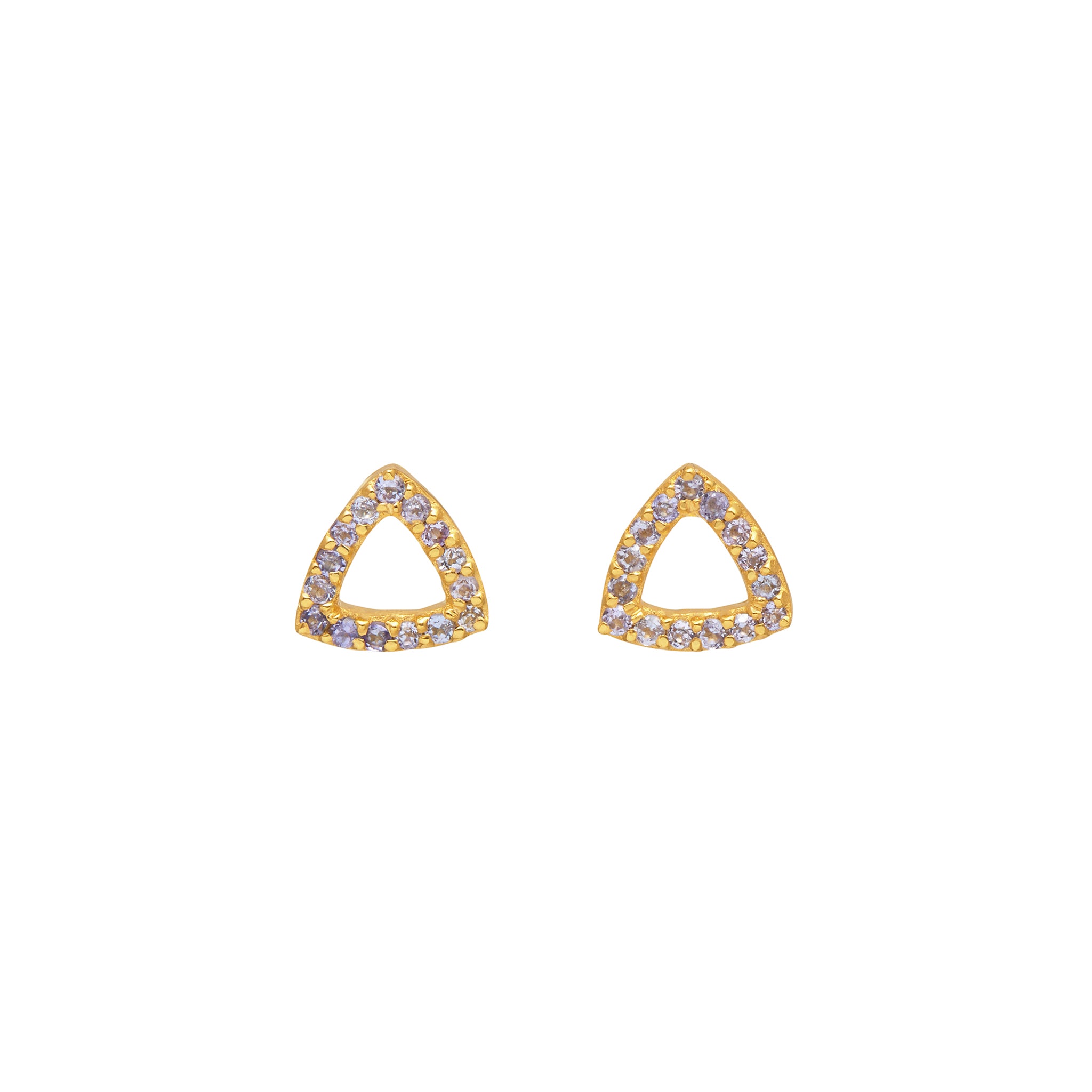 A pair of gold vermeil stud earrings with purple tanzanite elements.