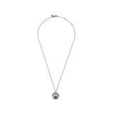 A silver necklace with a crescent moon design and a sparkling natural white zircon pave' set on a signature ASFYA moonlight design chain with three jump rings.