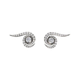 A pair of rhodium and zircon spiral earrings with a geometric pattern, set with zircon stones.