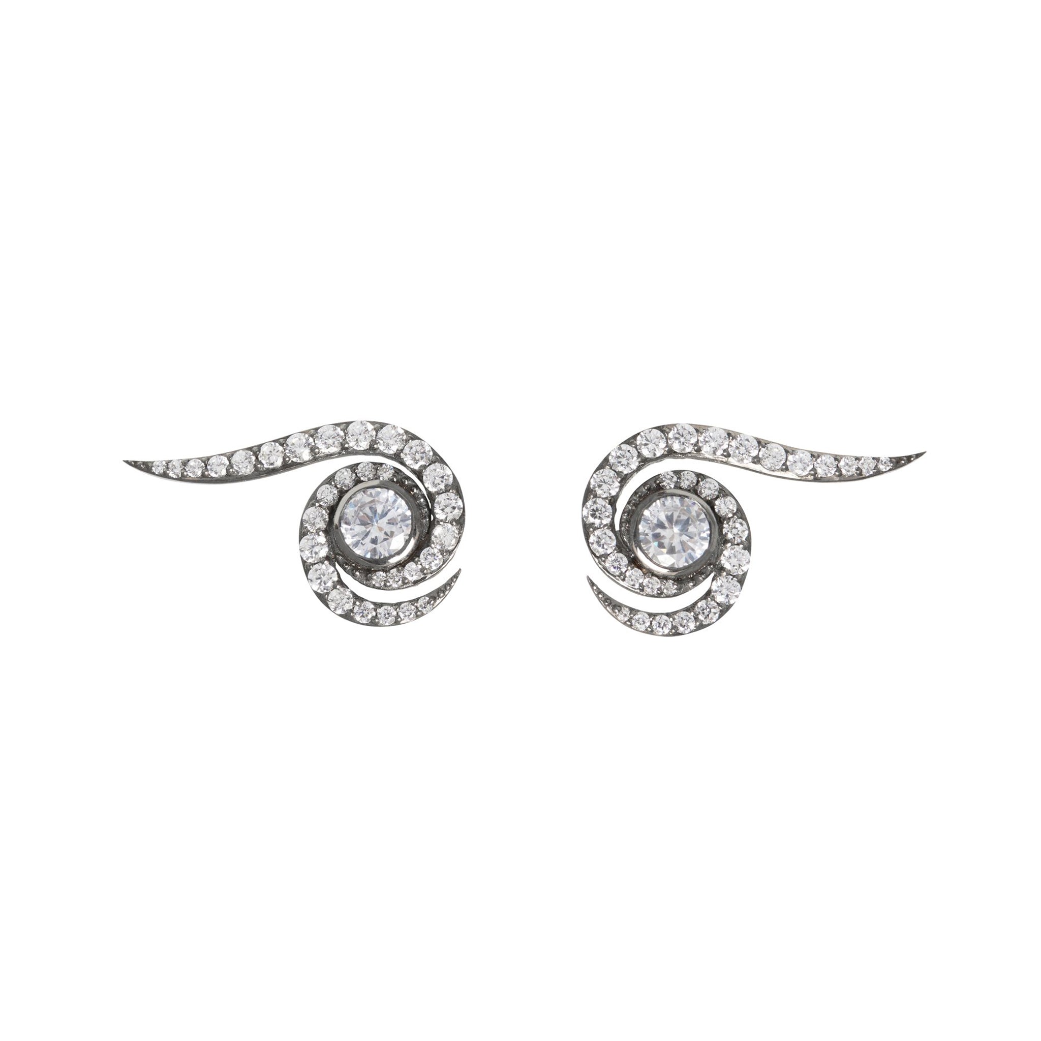 A pair of rhodium and zircon spiral earrings with a geometric pattern, set with zircon stones.