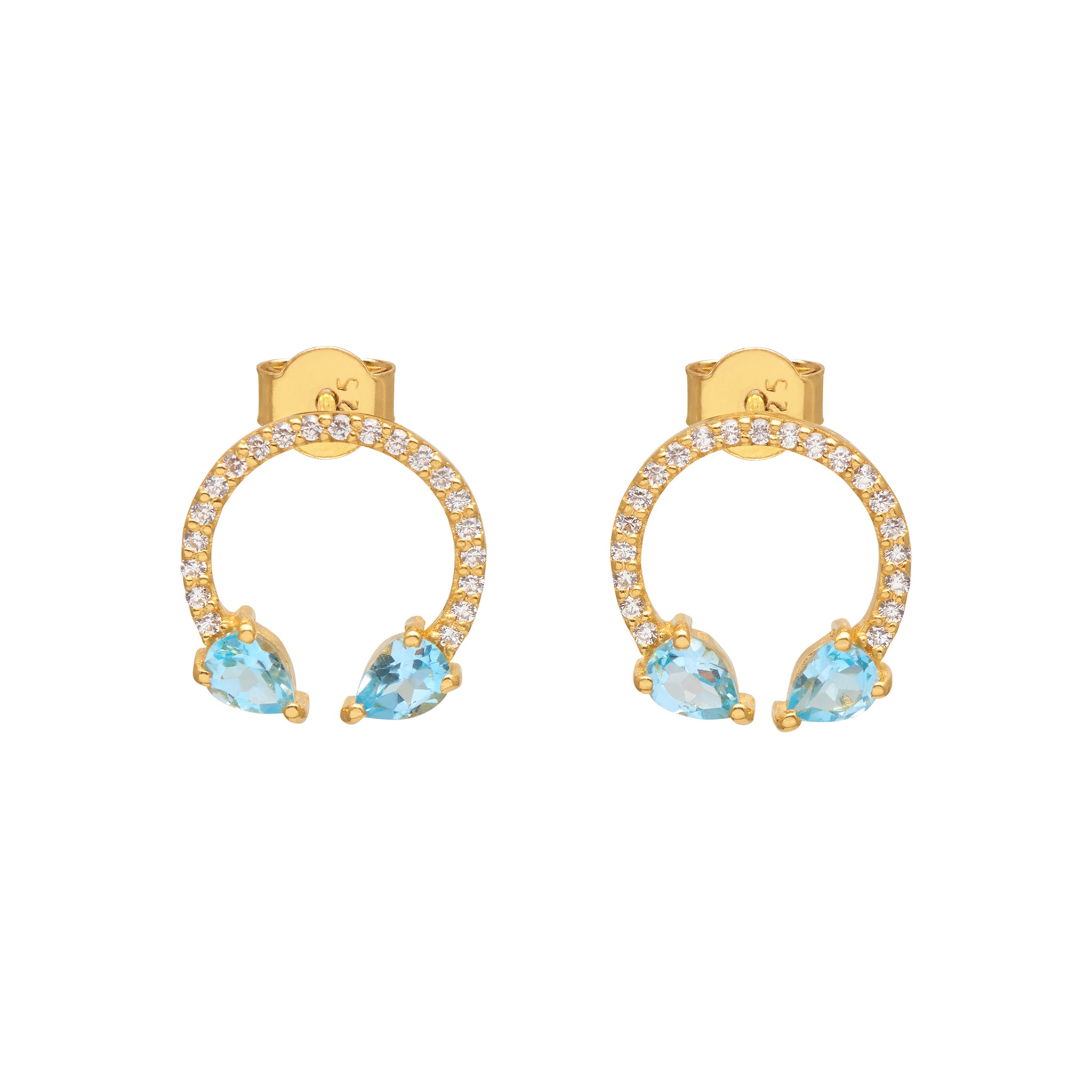 18ct gold plated vermeil stud earrings adorned with blue topaz and white zircon
