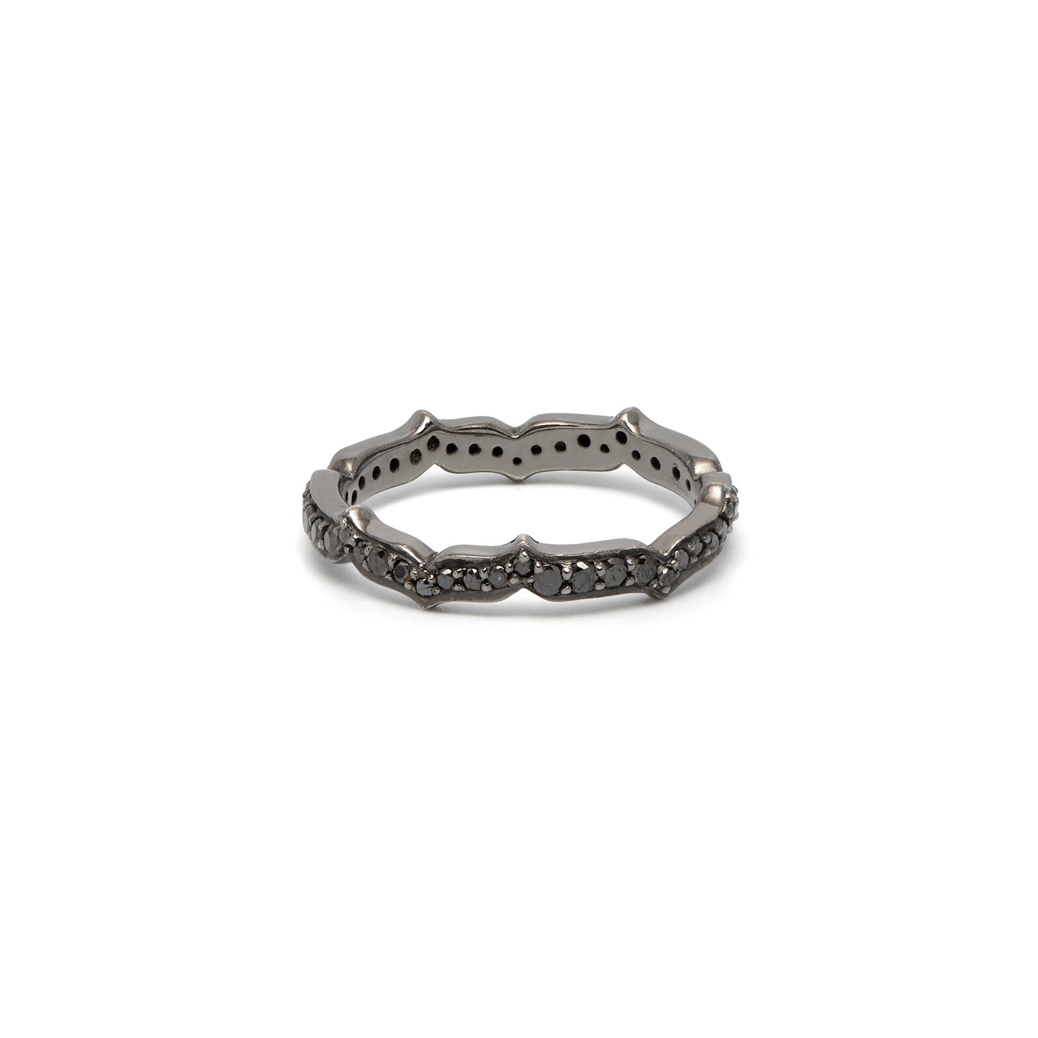 A black rhodium-plated sterling silver eternity ring with pave' set with black diamonds.
