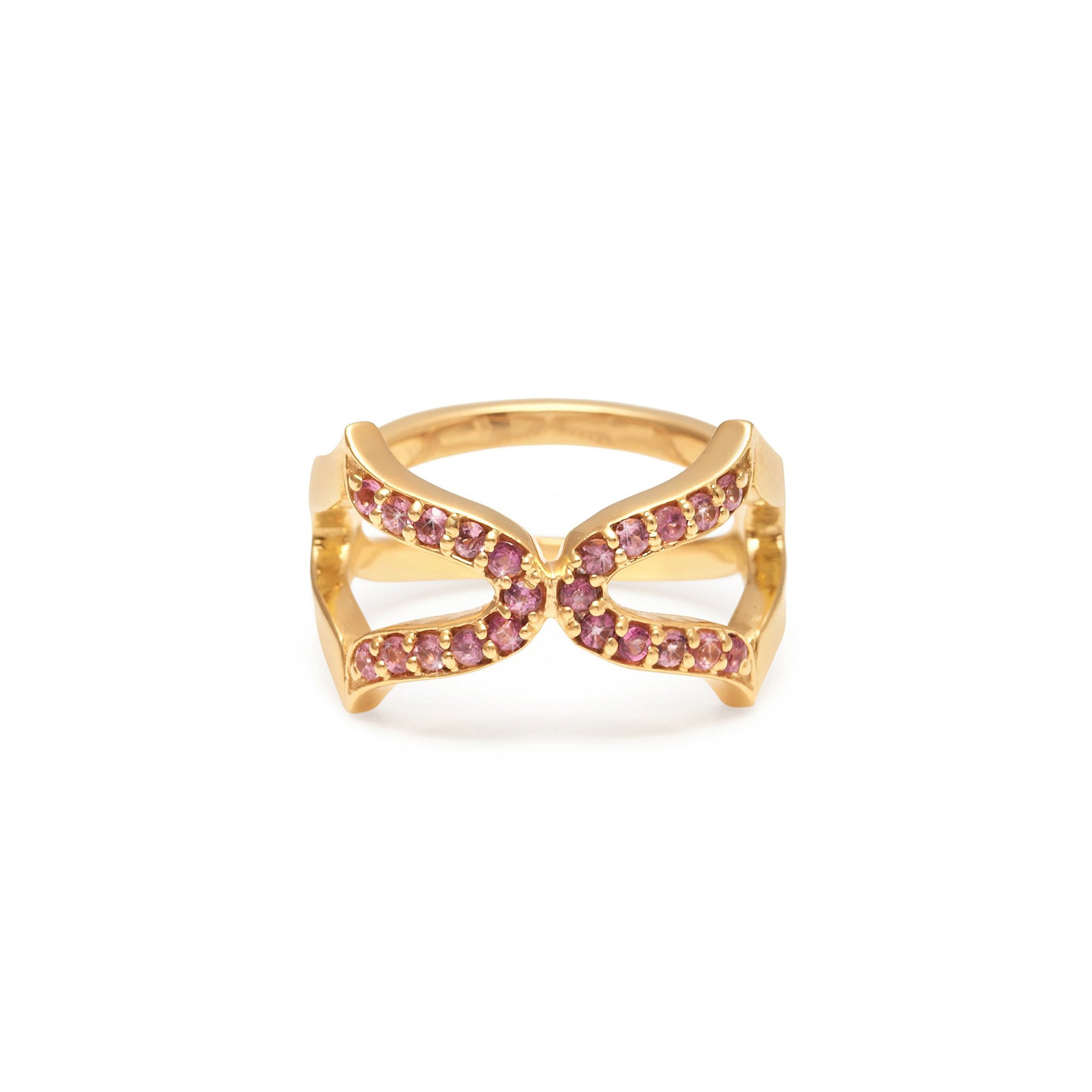 An 18ct gold vermeil ring with pink tourmaline stones set in an open-band design.