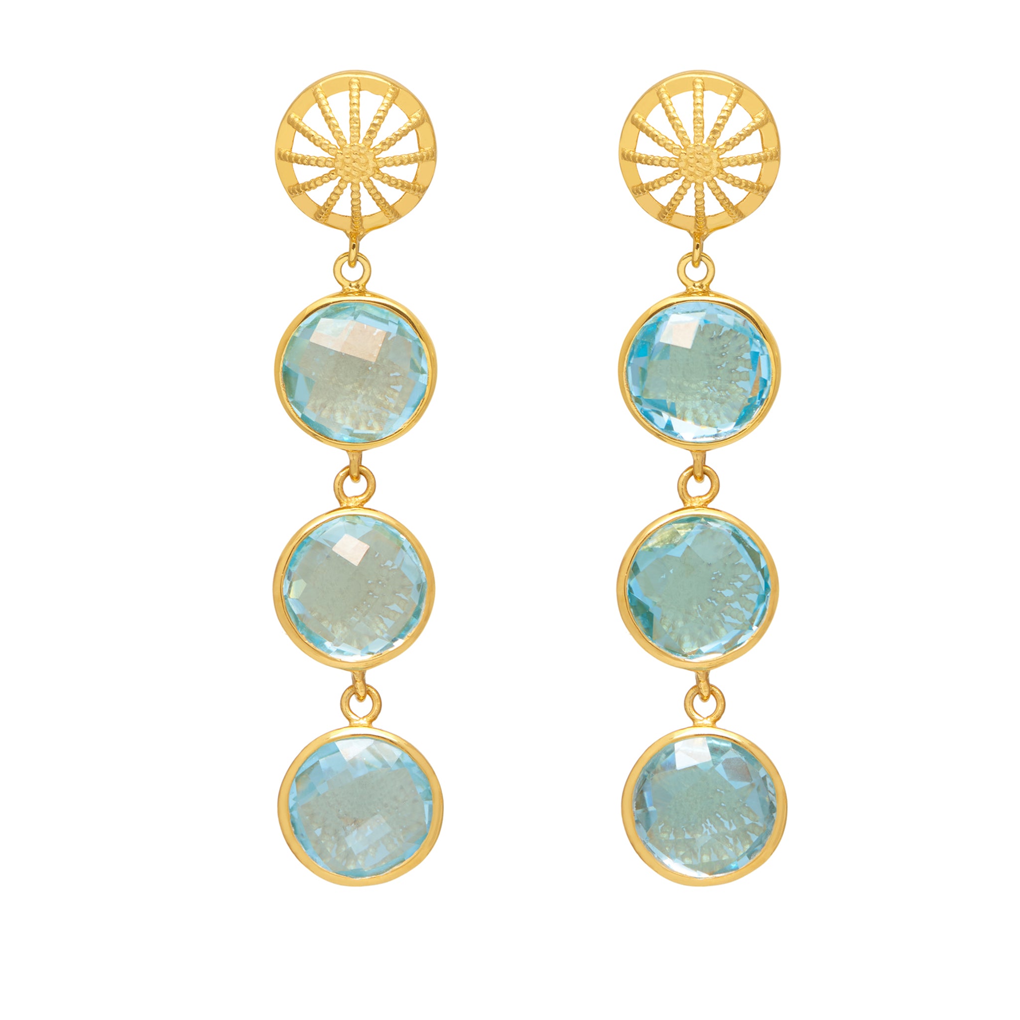 A pair of gold and light blue topaz rock earrings with a four-tier stud design.