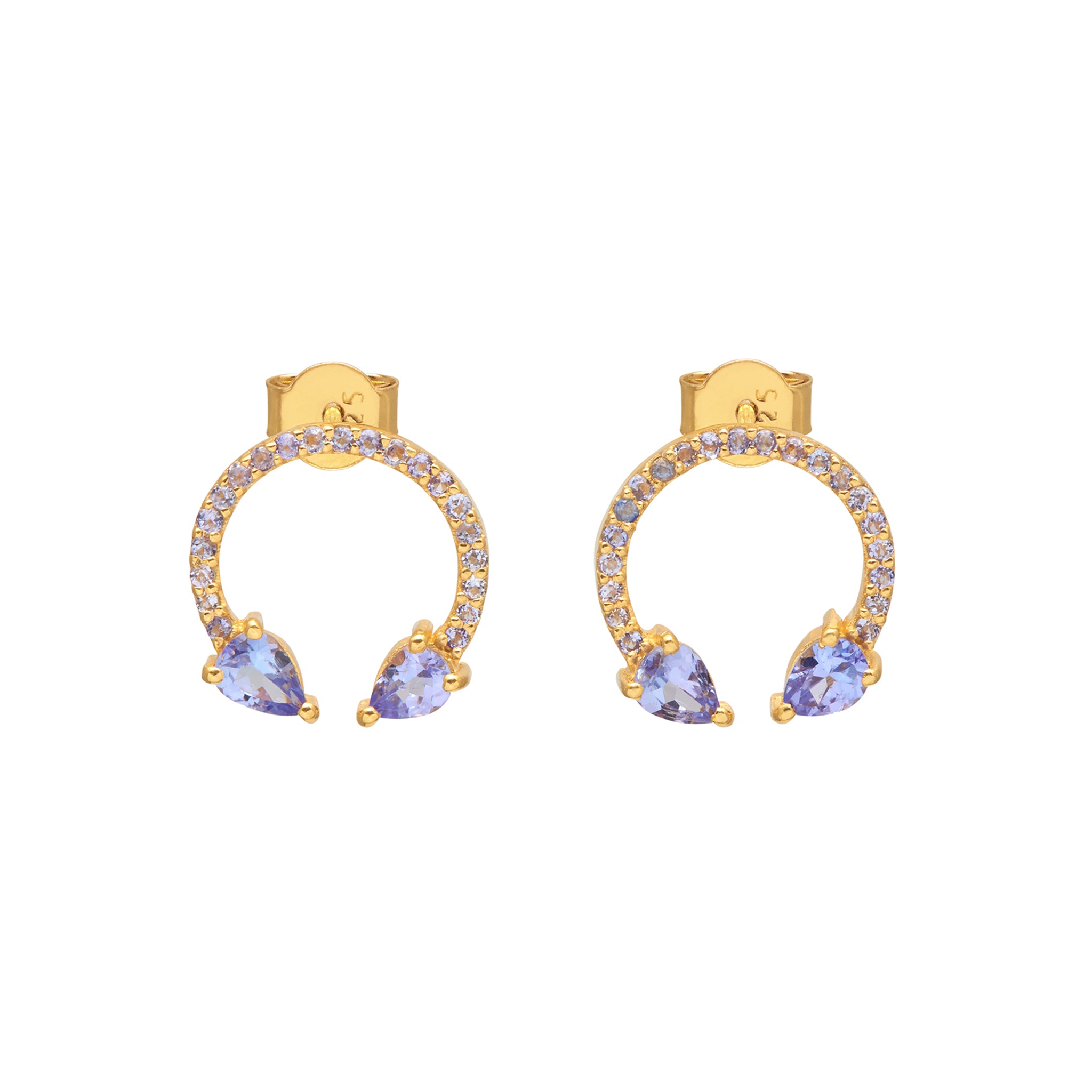 A pair of gold-plated sterling silver hoop earrings with purple tanzanite stones set within the hoops, featuring a horseshoe design.