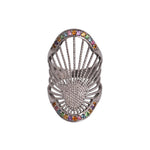 A black rhodium plated sterling silver ring with a multicolored geometric design and a central natural gemstone pavé. statement long ring