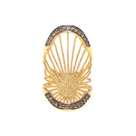 An elegant gold and brown diamond-accented ring with a ribbed design, set on a sterling silver base.