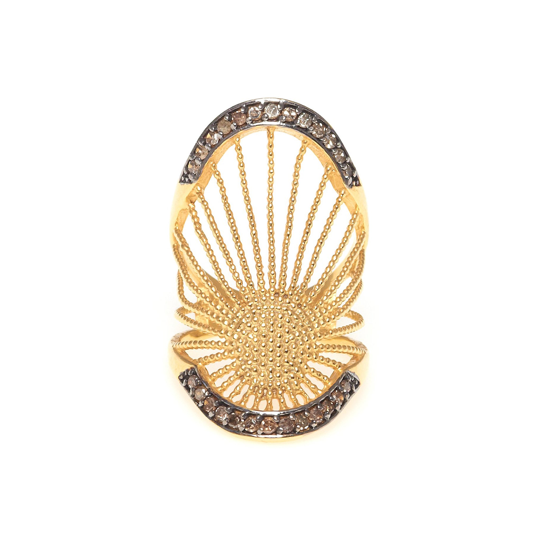 An elegant gold and brown diamond-accented ring with a ribbed design, set on a sterling silver base.