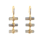 A pair of gold vermeil barrel-cut labradorite earrings with sparkling white diamond pave'.