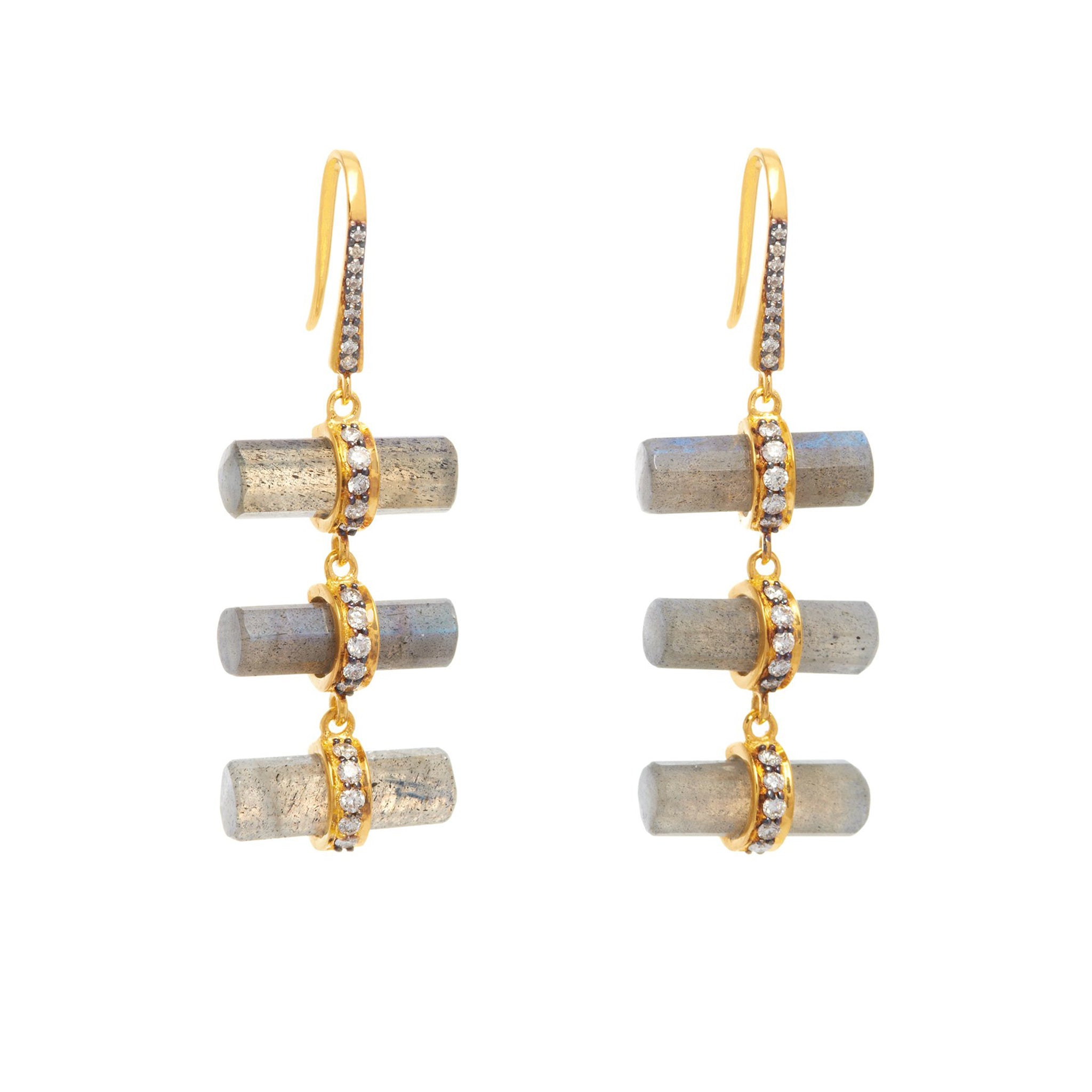 A pair of gold vermeil barrel-cut labradorite earrings with sparkling white diamond pave'.