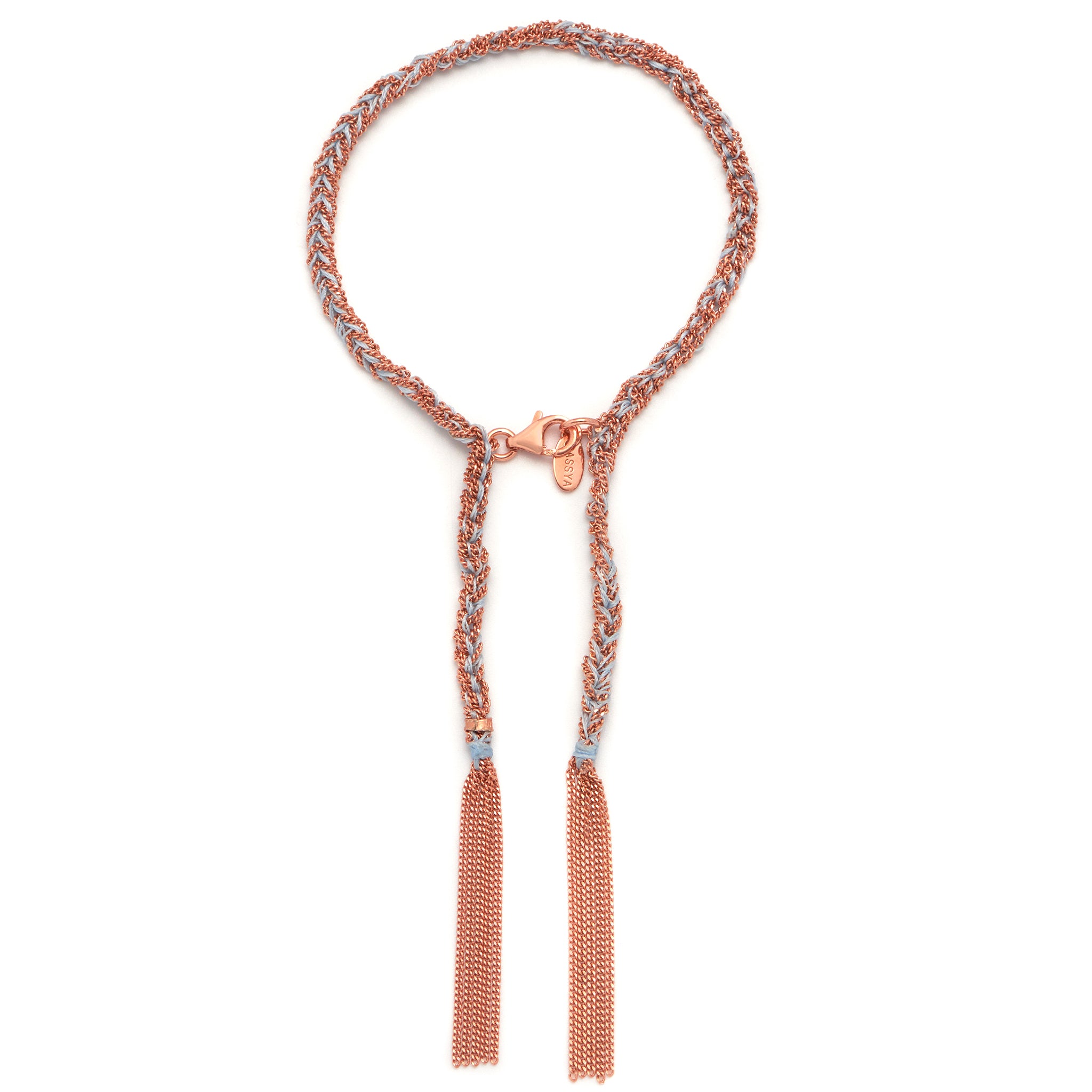 A Rose Gold and Light Grey tassel bracelet with a woven pattern and a lobster clasp closure.