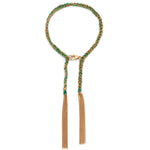 A 18ct gold plated vermeil on silver chain and emerald green tassel bracelet with a lobster clasp closure.