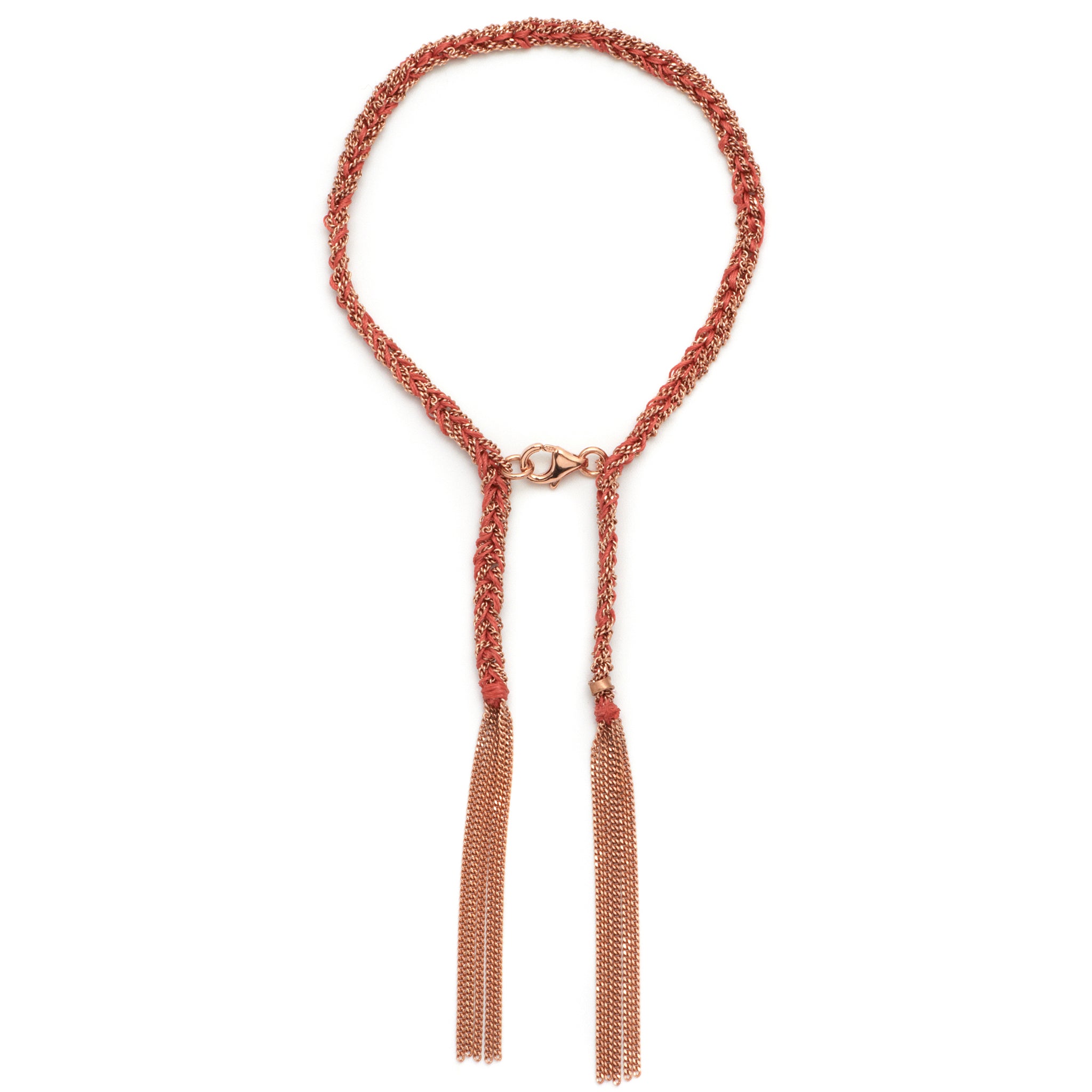 A 18ct rose gold plated vermeil on silver chain and red silk thread tassel bracelet with lobster lasp