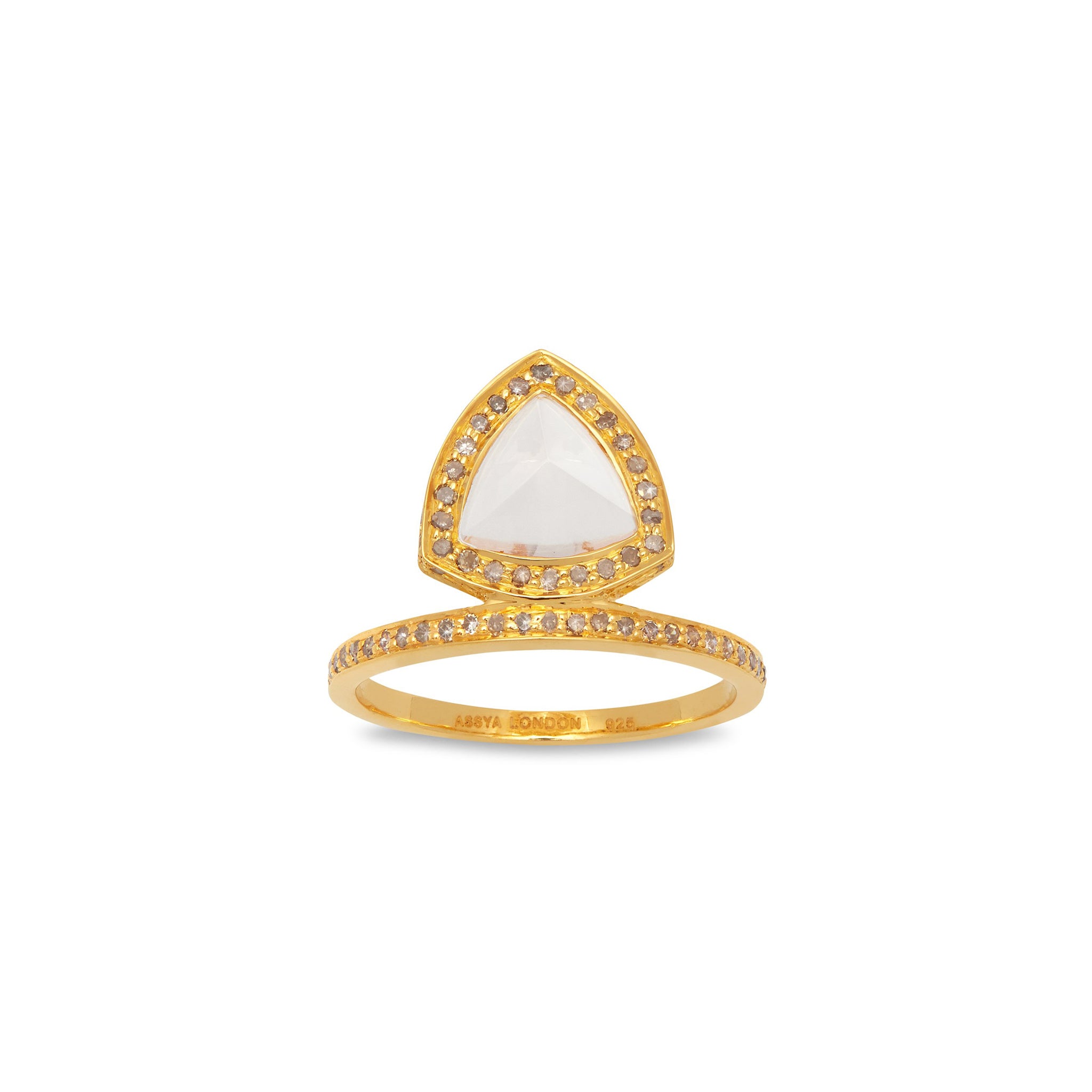 A gold vermeil ring featuring a pyramid shape with moonstone and grey diamond embellishments.