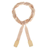 A gold and baby pink wrap bracelet with a double knot design, featuring 18ct gold plated sterling silver and baby pink silk.