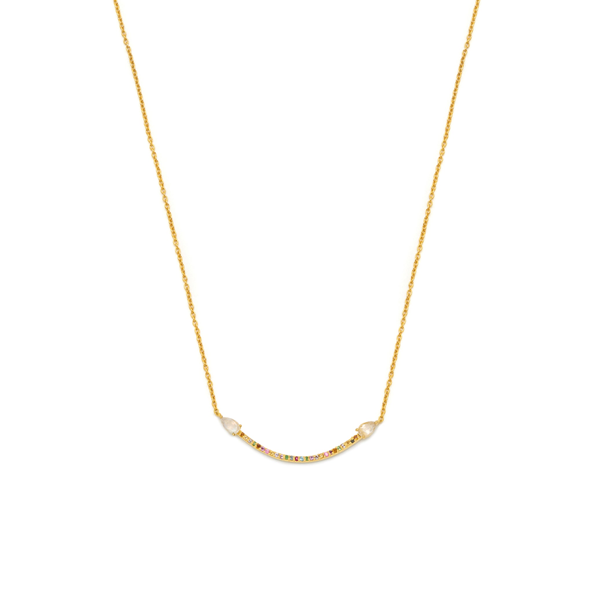 A 18ct gold plated vermeil necklace with small multicolored gemstones and drop-shaped moonstones arranged in a line across the chest.