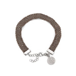 A brown and silver weaved charm bracelet with a silver chain and various charms including hearts and stars.