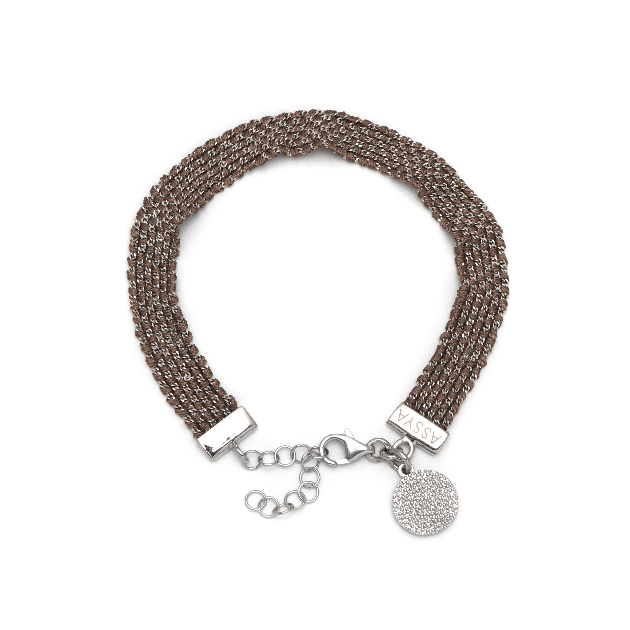 A brown and silver weaved charm bracelet with a silver chain and various charms including hearts and stars.