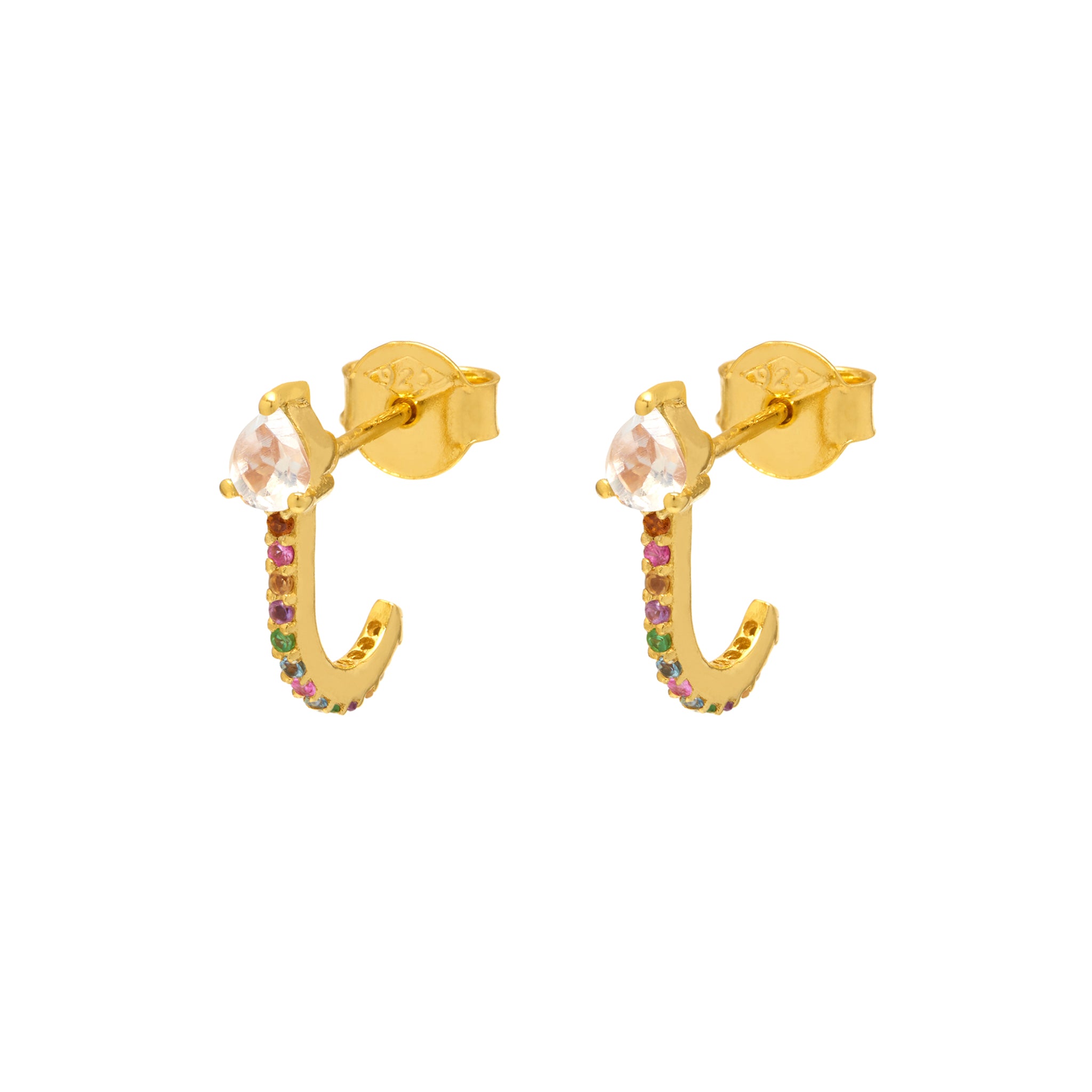 A pair of 18ct gold plated vermeil Huggies earrings with multicolored gemstones and a moonstone stud.