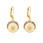 A pair of 18ct gold-plated vermeil hoop earrings with multicolored gemstones set within the hoop. amethyst, emerald etc