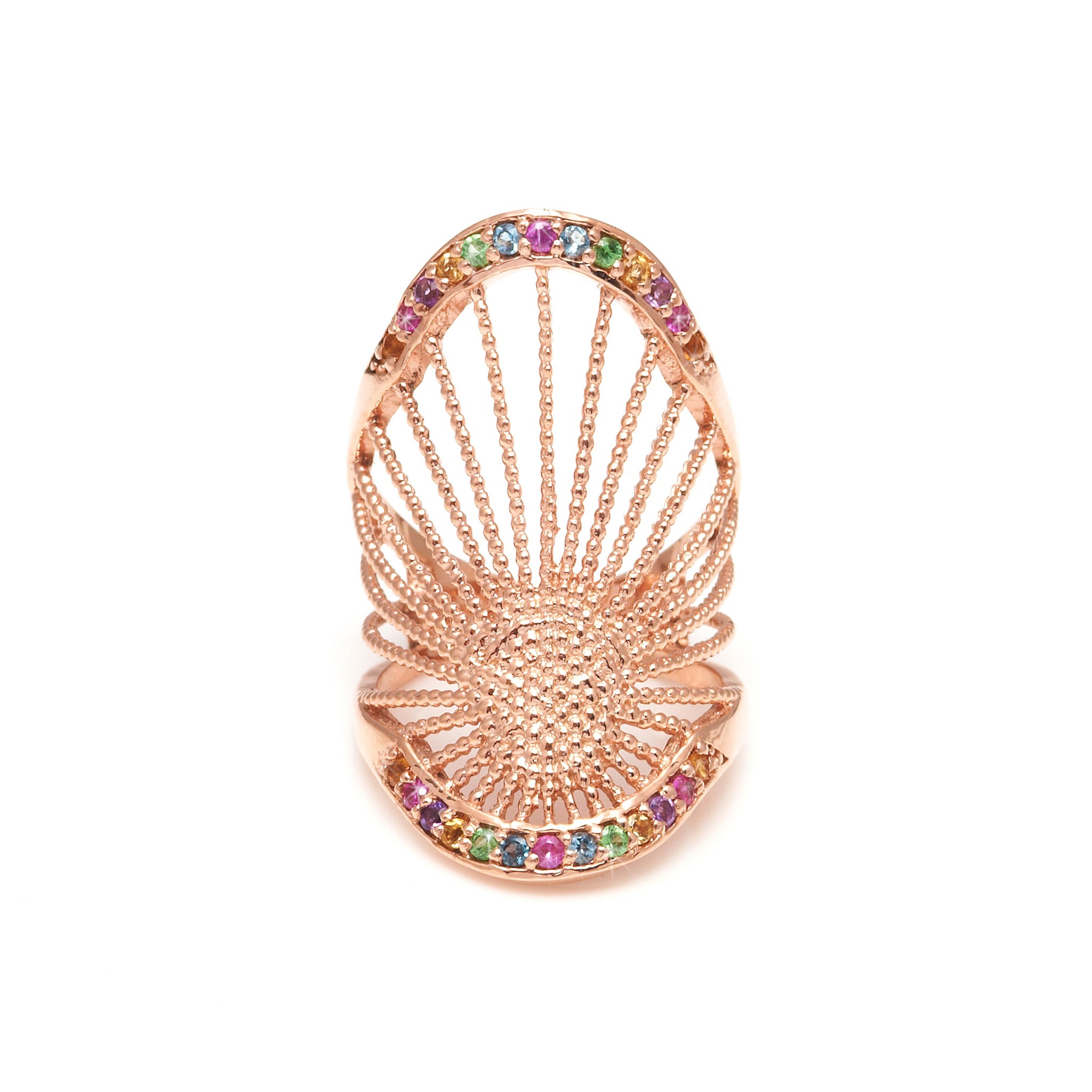 18ct rose gold statement ring with multicolour and gemstones